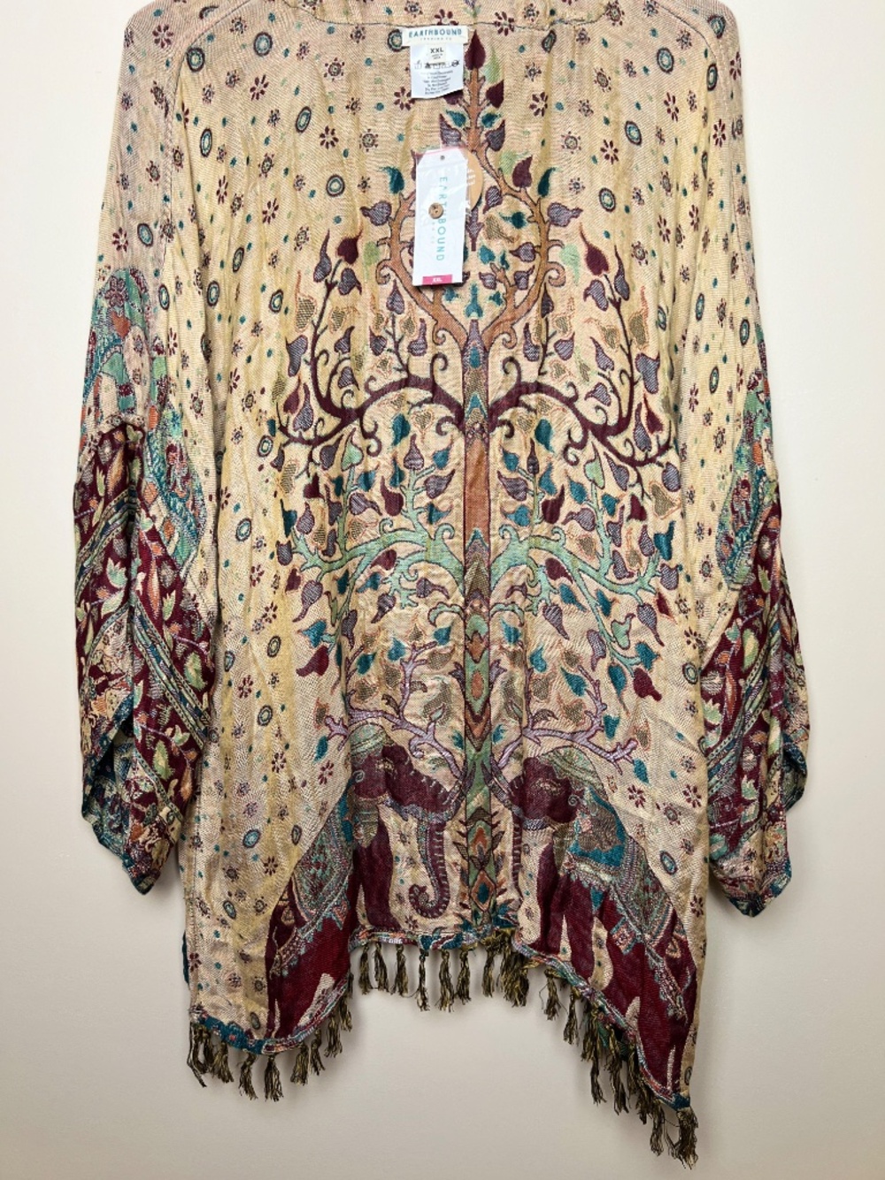Earthbound Reversible Boho Kimono Cover Fringe Green Tan Elephant Cover Up XXL - Picture 5 of 8